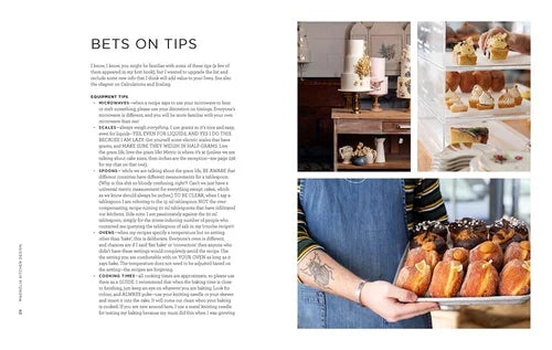 Magazine layout with text on tips and images of pastries and a person holding a tray.