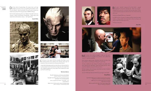 Magazine layout with portraits and text on a pink background