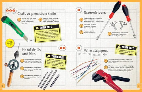 Illustration of various tools including a craft knife, screwdrivers, hand drills, bits, and wire strippers with safety warnings.