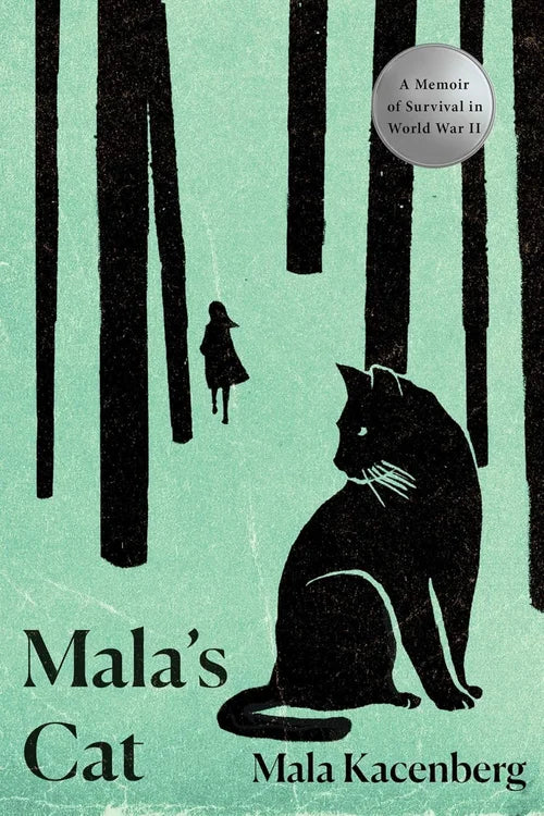 Book cover of 'Mala's Cat' with a silhouette of a cat and a person in a forest, on a green background.