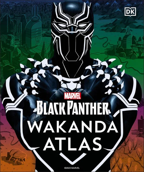 Book cover of 'Black Panther Wakanda Atlas' with superhero design and cityscape background.