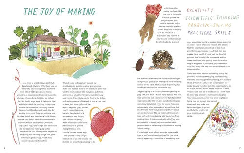 Illustrated book page with text and illustrations of a house, plants, and gardening tools.