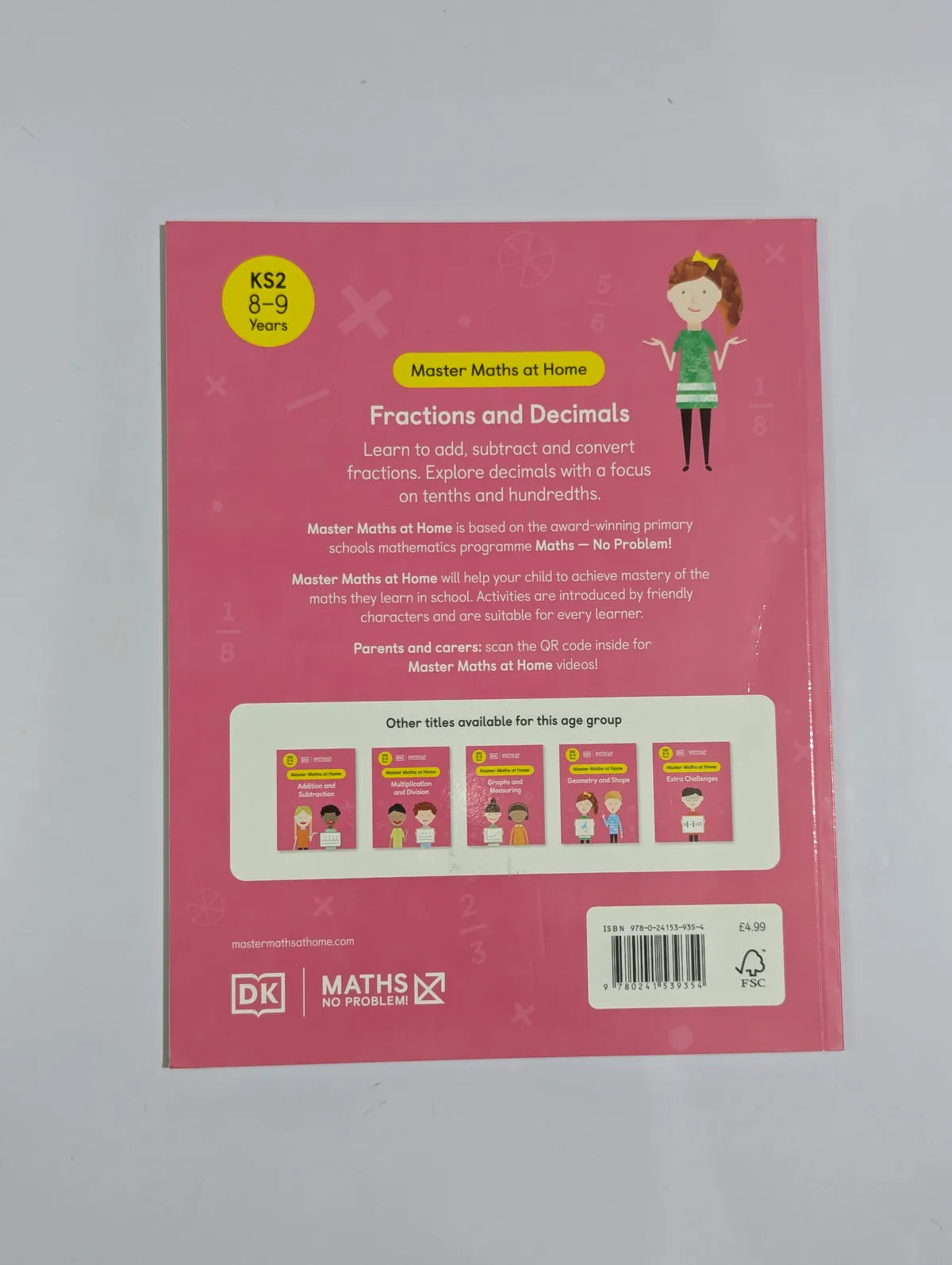 Back cover of a math workbook for fractions and decimals with DK Maths Program branding.