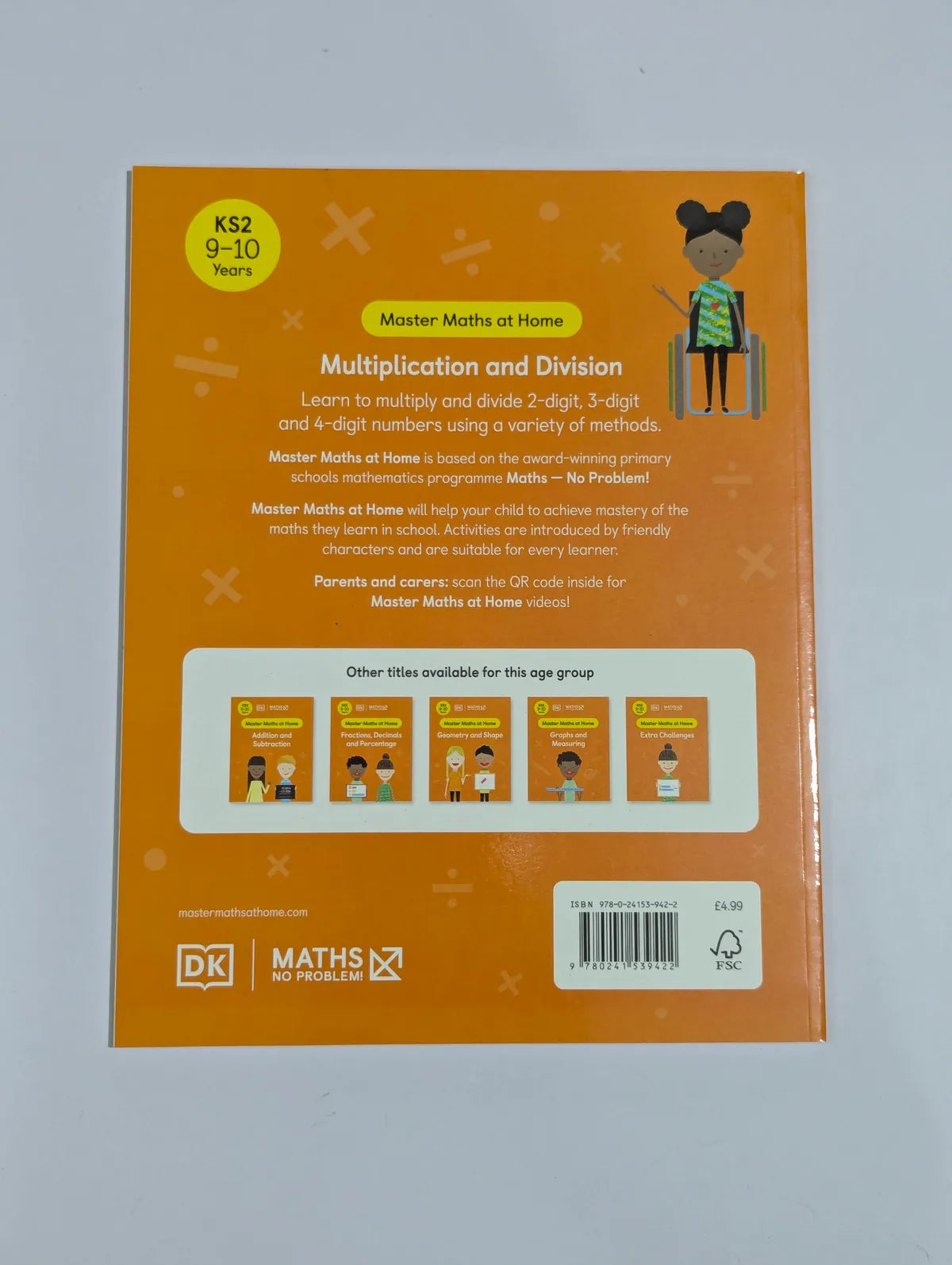 Back cover of a educational book on multiplication and division with DK Maths branding.