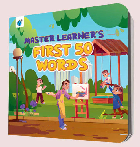 Children's book titled 'Master Learner's First 50 Words' on a beige background
