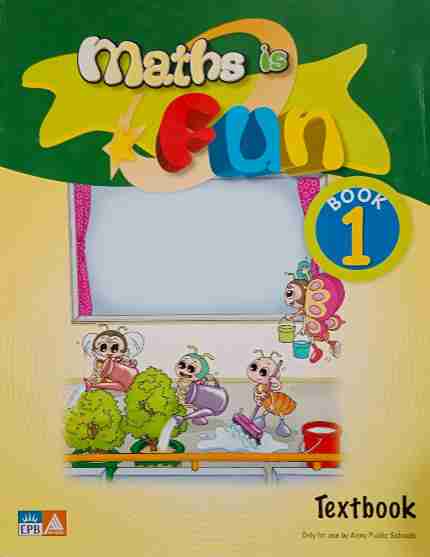 Textbook cover titled 'Maths is Fun Book 1' with colorful design and cartoon characters.