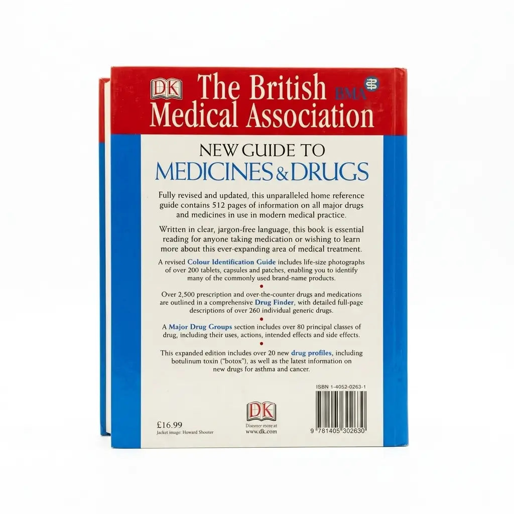 The back cover of the book 'The British Medical Association: New Guide to Medicines & Drugs' by DK, showing a red top section and a blue middle section with white text.
