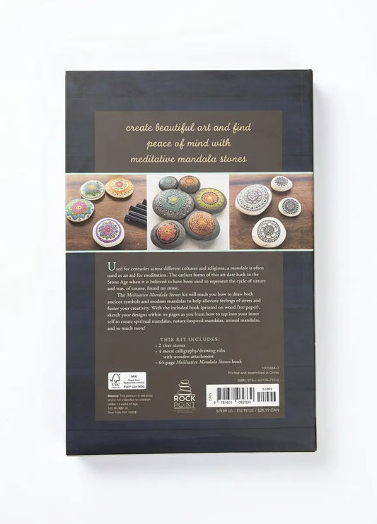 The back cover of a 'Meditative Mandala Stones' art and craft kit book by Rock of Nisage, displayed against a clean white background.