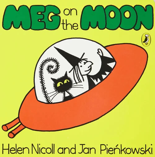 Book cover of 'Meg on the Moon' with a cat in an orange spacesuit on a yellow background.