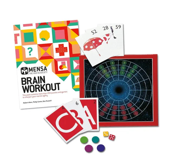 Mensa Brain Workout book with puzzle pieces and dice on a white background