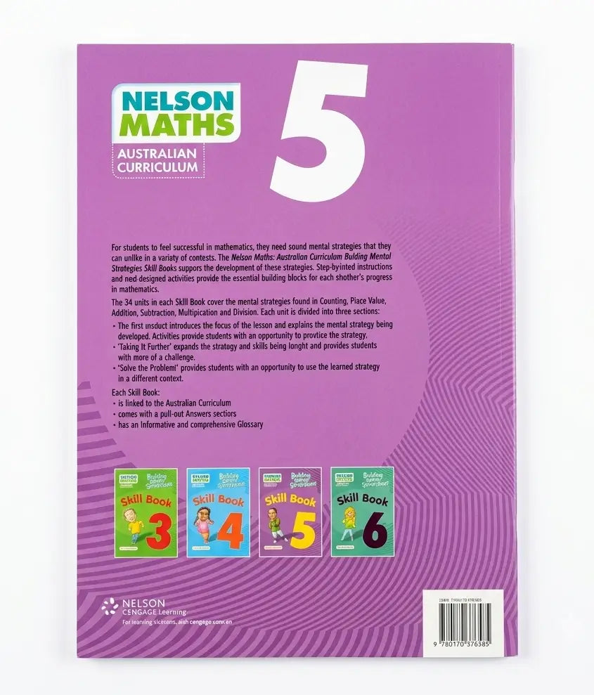 Back cover of a Nelson Maths Australian Curriculum 5 book, featuring a purple background with a large white number 5, descriptive text, and small covers for skills books 3 through 6 at the bottom.