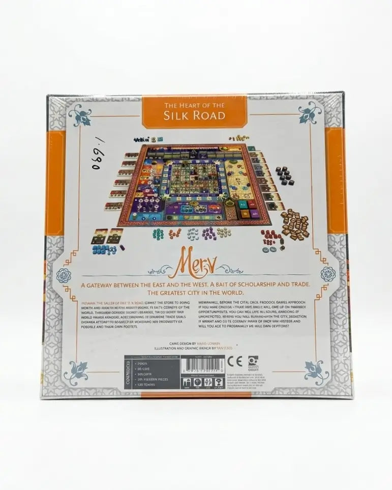 The back of the 'The Heart of the Silk Road' board game box, featuring an illustration of the game board and various game pieces, set against a plain white background.