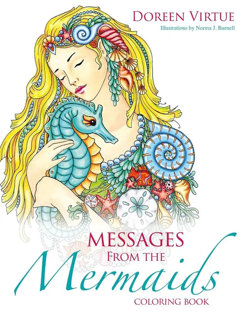 Coloring book cover titled 'Messages from the Mermaids' by Doreen Virtue with a mermaid and seahorse illustration.