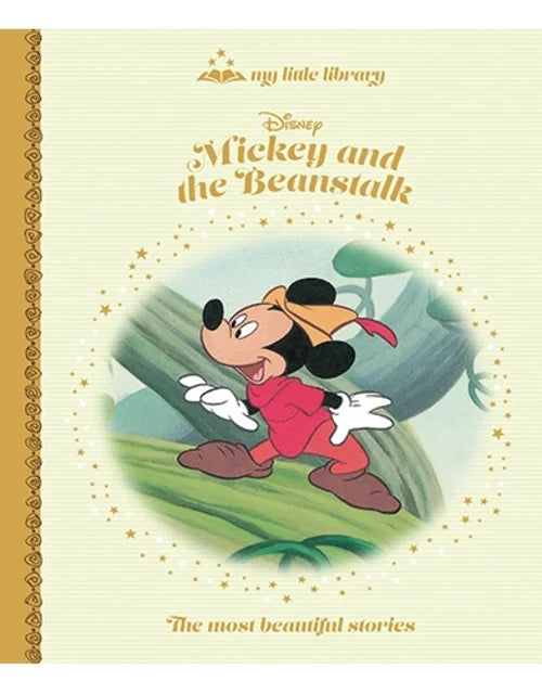 Book cover of 'Mickey and the Beanstalk' with cartoon character on a light green background