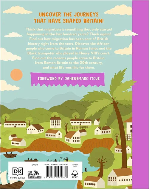 Book cover with a colorful illustration of a village, palm trees, and text about migration history.