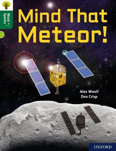 Book cover of 'Mind That Meteor!' with space-themed illustration and satellites.