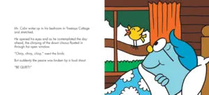 Cartoon character with a blue face sitting on a bed, looking at a window with a bird outside.