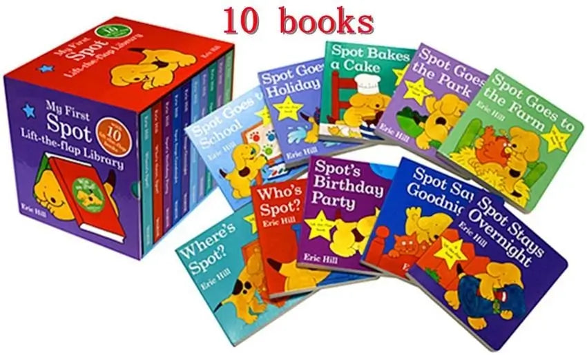A boxed set of children's lift-the-flap books titled 'My First Spot Lift-the-Flap Library' with ten colorful books fanned out in front. The cover art features the character Spot in various playful activities, and the books are shown on a plain white background with red text reading '10 books' above them.
