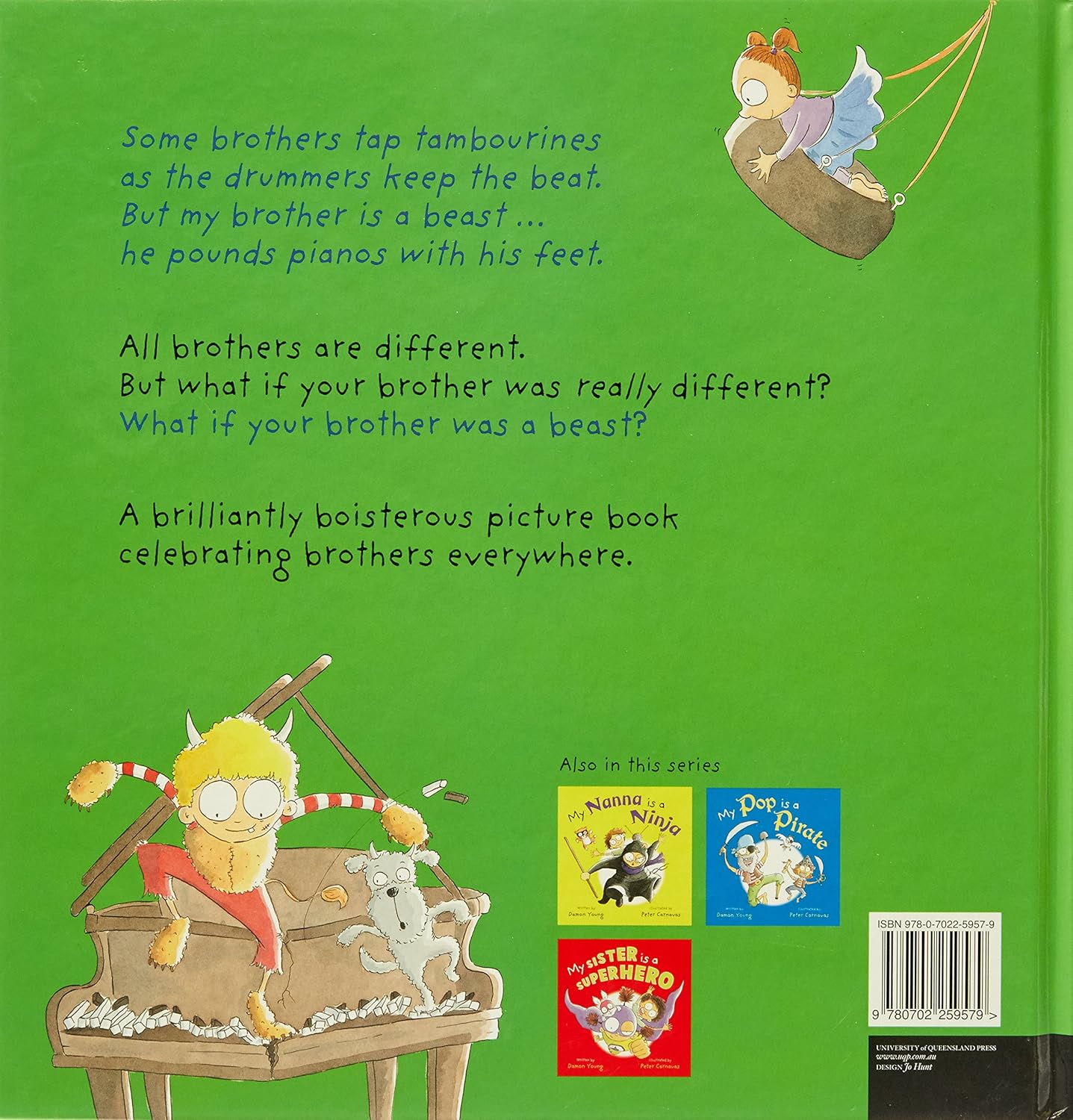 Book back cover with illustrations and text on a green background