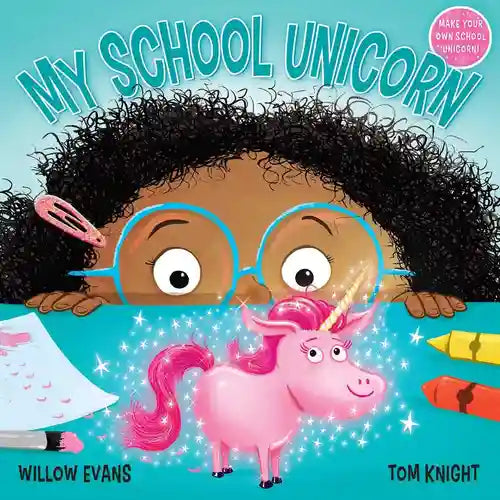 Book cover of 'My School Unicorn' with a child and unicorn illustration.