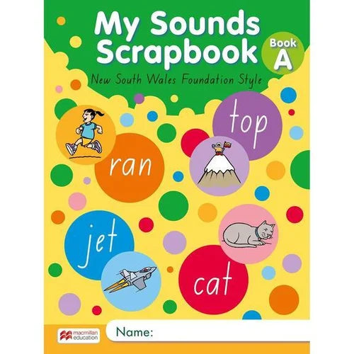 Colorful book cover titled 'My Sounds Scrapbook Book A' with various illustrations and text on a yellow background.