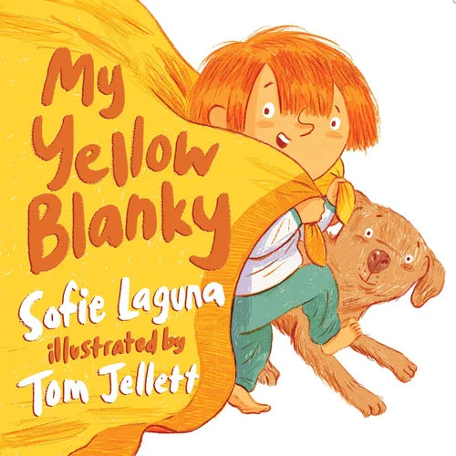 Book cover of 'My Yellow Blanky' with a child and dog holding a yellow blanket.