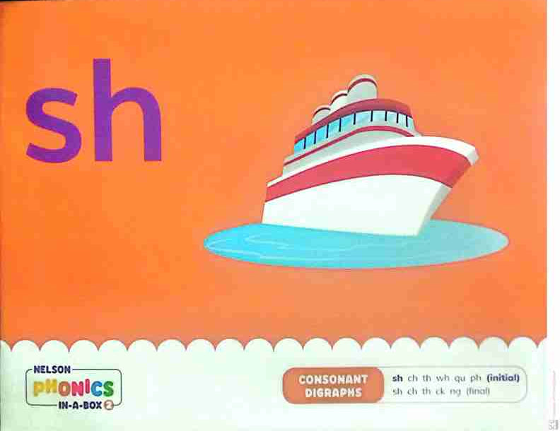 Book cover with an orange background, a ship illustration, and the letter 'sh' in purple.