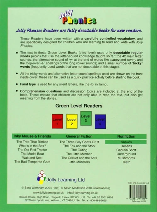 Back cover of Jolly Phonics reader with text and color-coded levels on a green background
