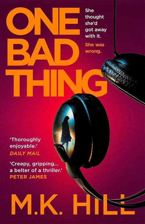Book cover of 'One Bad Thing' with a silhouette of a person in headphones against a red background.