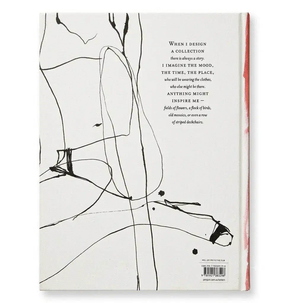 The back cover of a book featuring an abstract black line drawing on a white background, with a quote printed on the right side and a pink spine edge visible on the right.