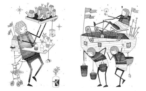 Black and white illustration of people with various activities on a white background