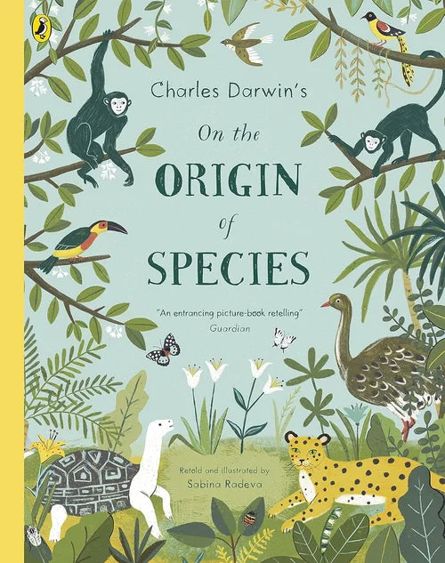 Book cover of 'On the Origin of Species' with illustrations of animals and plants.