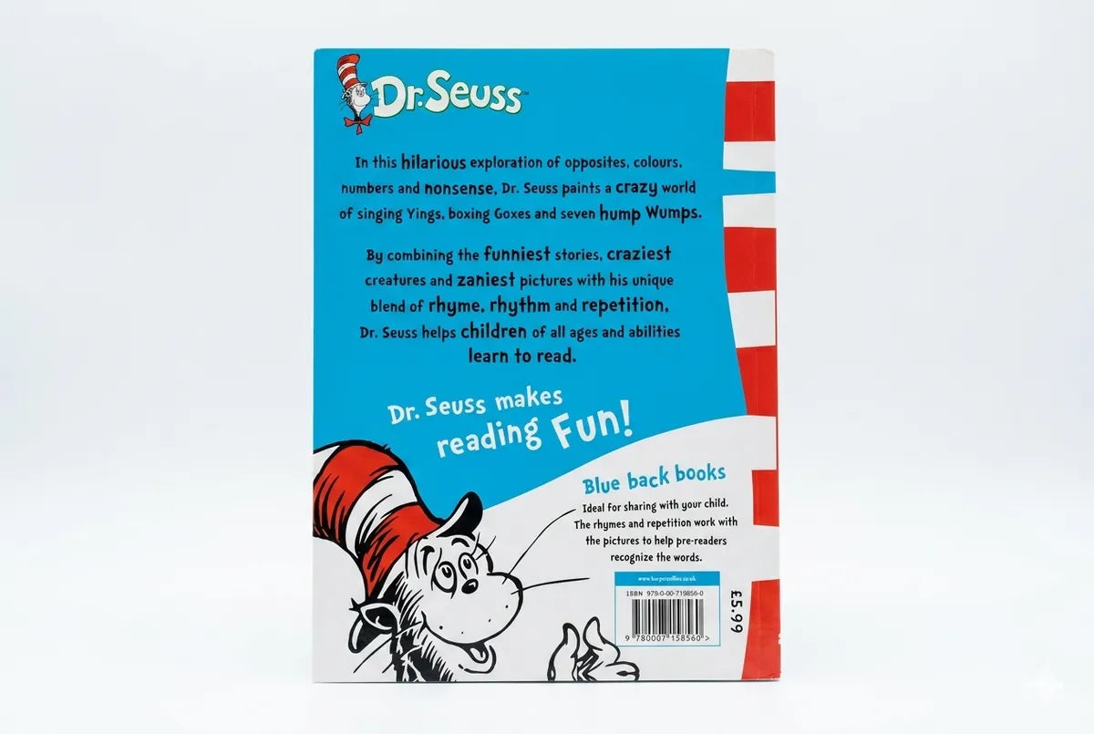 Back cover of a Dr. Seuss book with colorful design and text.