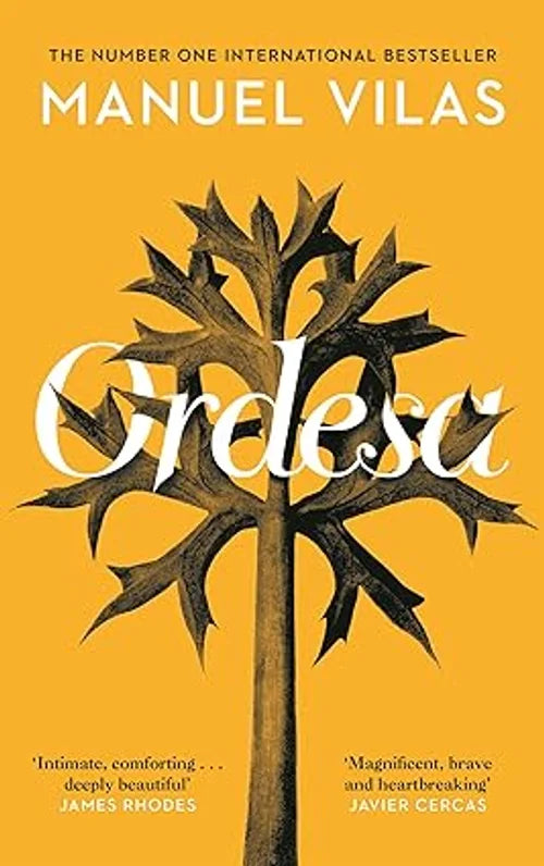 Book cover of 'Ordesa' by Manuel Vilas with a stylized tree design on a yellow background.