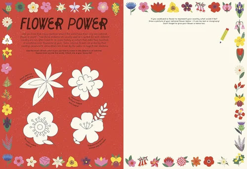Flower-themed coloring book with illustrations and text on a red background