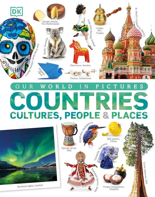 Book cover of 'Our World in Pictures: Countries, Cultures, People & Places' by DK with various cultural illustrations.
