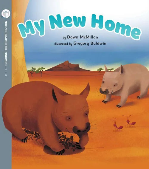 Book cover of 'My New Home' with illustrations of animals in a desert landscape.