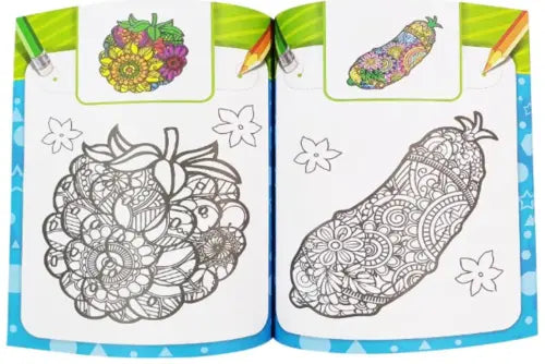 Coloring book open to pages with detailed designs of a fruit and a vegetable.