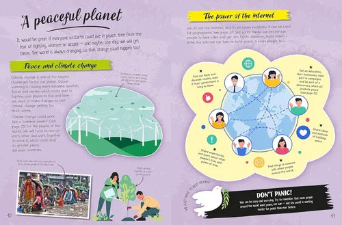 Educational page about peace, climate change, and the power of the internet on a purple background.