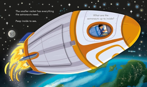 Illustration of a rocket ship in space with text about astronauts.