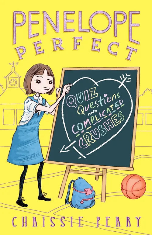 Book cover of 'Penelope Perfect' with a girl pointing to a chalkboard on a yellow background