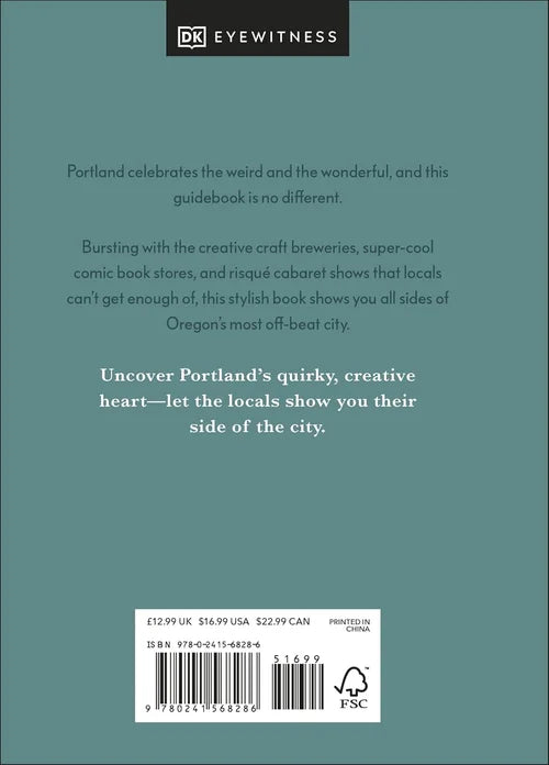 Back cover of a book with text about Portland, Oregon, and a barcode.