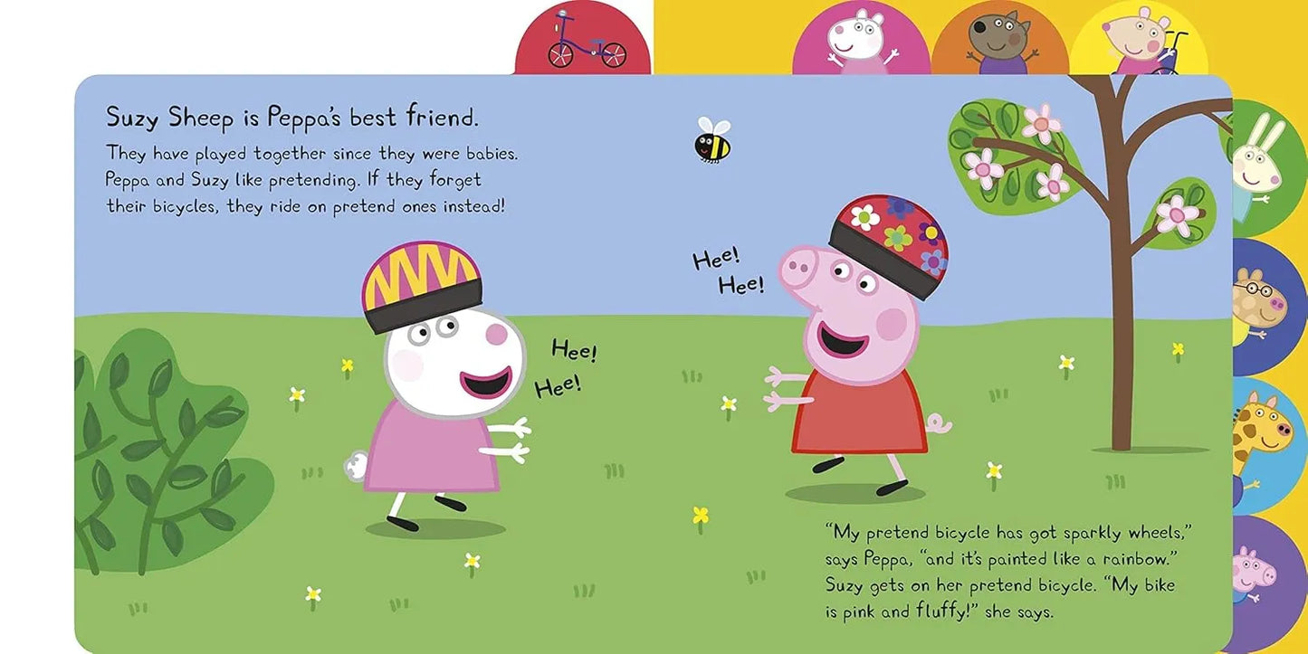 Illustration of Suzy Sheep and Peppa Pig playing with bicycles in a colorful scene.
