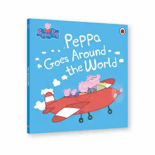 Children's book titled 'Peppa Goes Around the World' with Peppa Pig on an airplane on a blue background.