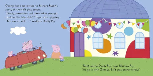 Illustration from a children's book with Peppa Pig and family at a soft play centre.