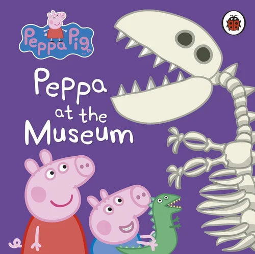 Book cover of 'Peppa at the Museum' featuring Peppa Pig and her friends with a dinosaur skeleton on a purple background.