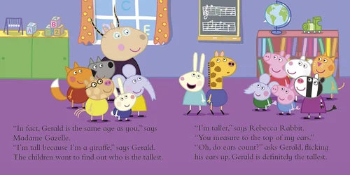 Illustration of animal characters in a classroom setting with text about height.