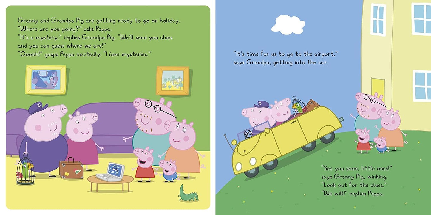 Illustration from a children's book featuring Peppa Pig and family preparing for a holiday.