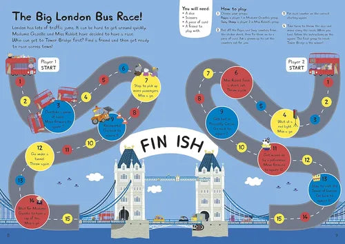 Illustrated game board of a bus race with London landmarks, including Tower Bridge.