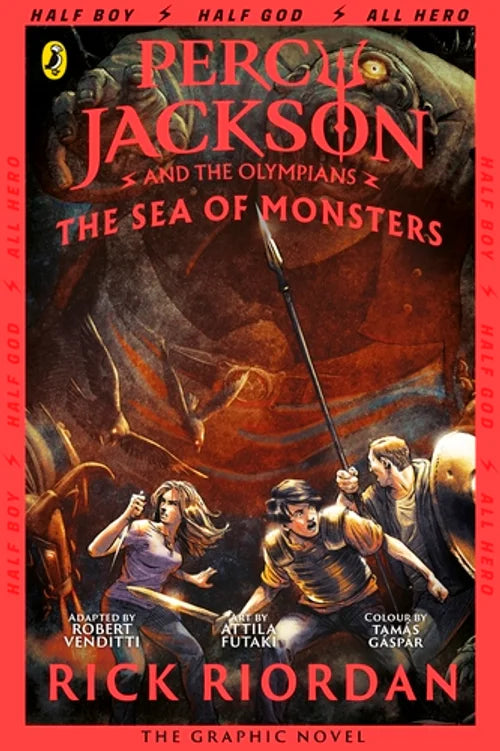 Book cover of 'The Sea of Monsters' from Percy Jackson series with characters and a horse.